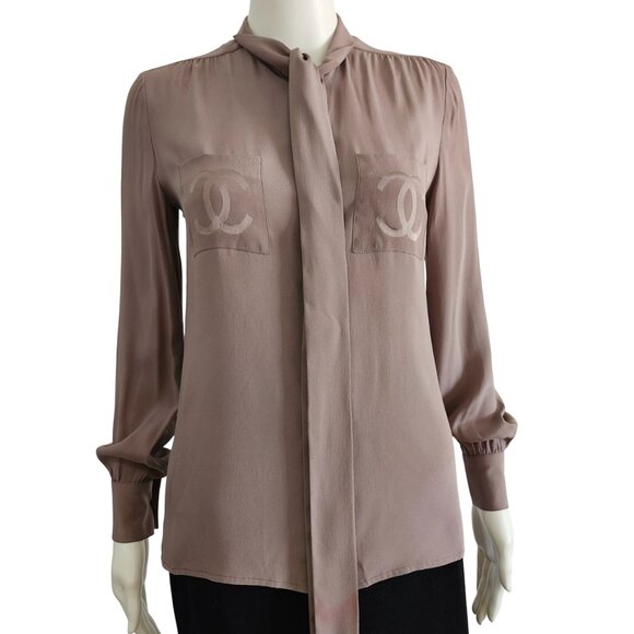 Vintage Chanel Creations Silk Blouse CC Logo Pockets Long Sleeves Bowtie Womens - Picture 1 of 9